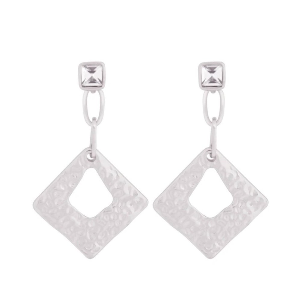 NWT!  Silver Tone Hammered Metal Rhinestone & Chain Dangle Pierced Earrings